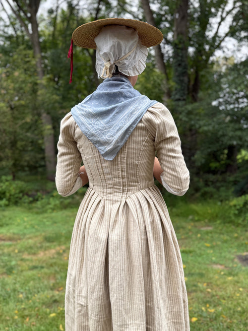 Hand Sewn Pleated Back Natural Striped Linen Gown 1770s 1780s