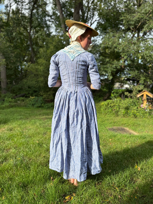 18th Century Striped Blue Linen Gown 1770s 1780s